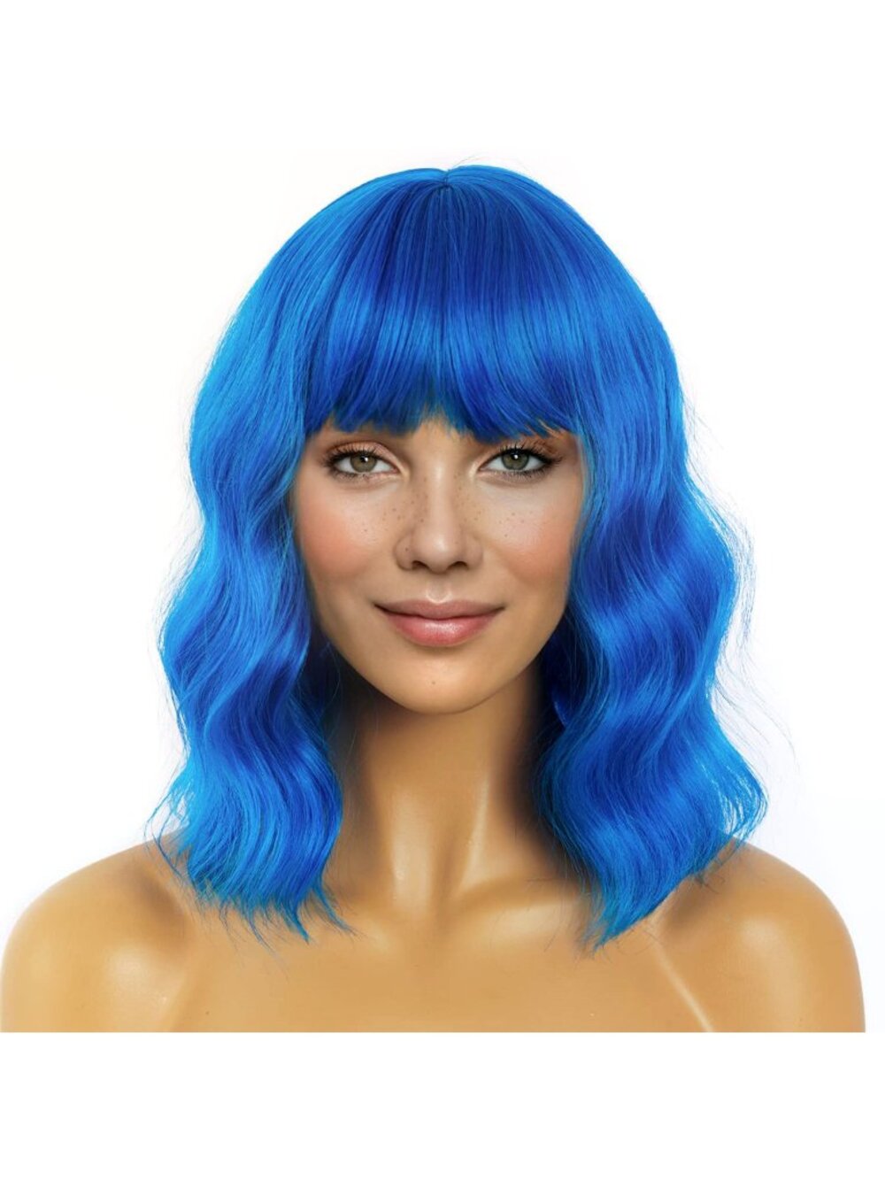 Women's Blue 1 12 Inch Loose Wavy Synthetic Shoulder Length Bob Wig Bangs